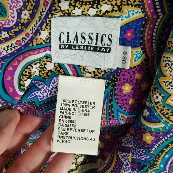 {Classics by Leslie Fay} Vintage 80s Paisley Print Polyester Dress Size 8 - Picture 17 of 17